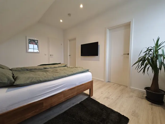 Schlafzimmer mit Doppelbett und Großbildfernseher im Ferienhaus Am Pannofen