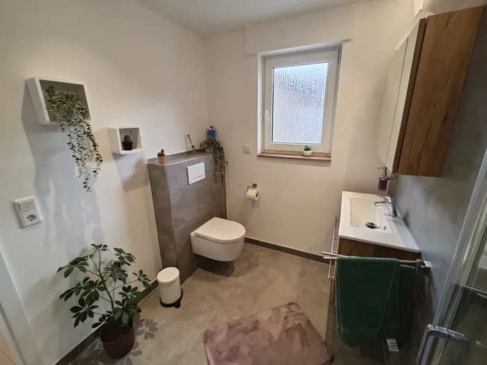 Badezimmer mit WC, Waschtisch und Dusche in der Ferienwohnung Friedrich-Spee Obergeschoss